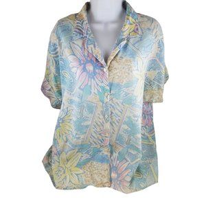 Vintage Womens Giovelli Pastel Blue Yellow Pink Button Front Floral Shirt M